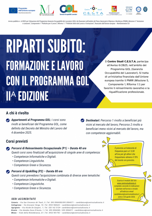 Programma GOL II edizione: percorsi formativi gratuiti presso le sedi Centro Studi C.E.S.T.A.