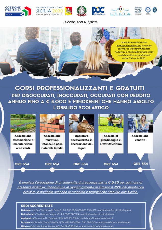 Avviso POC 1/2026: corsi gratuiti del Centro Studi C.E.S.T.A. per disoccupati, inoccupati, occupati con reddito annuo fino a € 8.000 e minorenni che hanno assolto l’obbligo scolastico