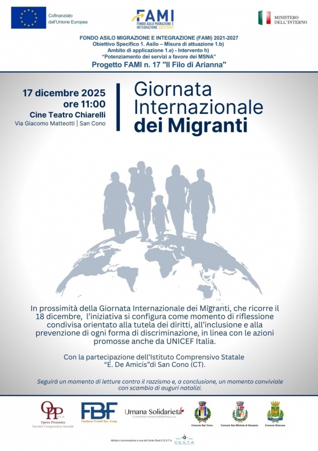 Giornata Internazionale dei Migranti: iniziativa a San Cono il 17 dicembre 2025