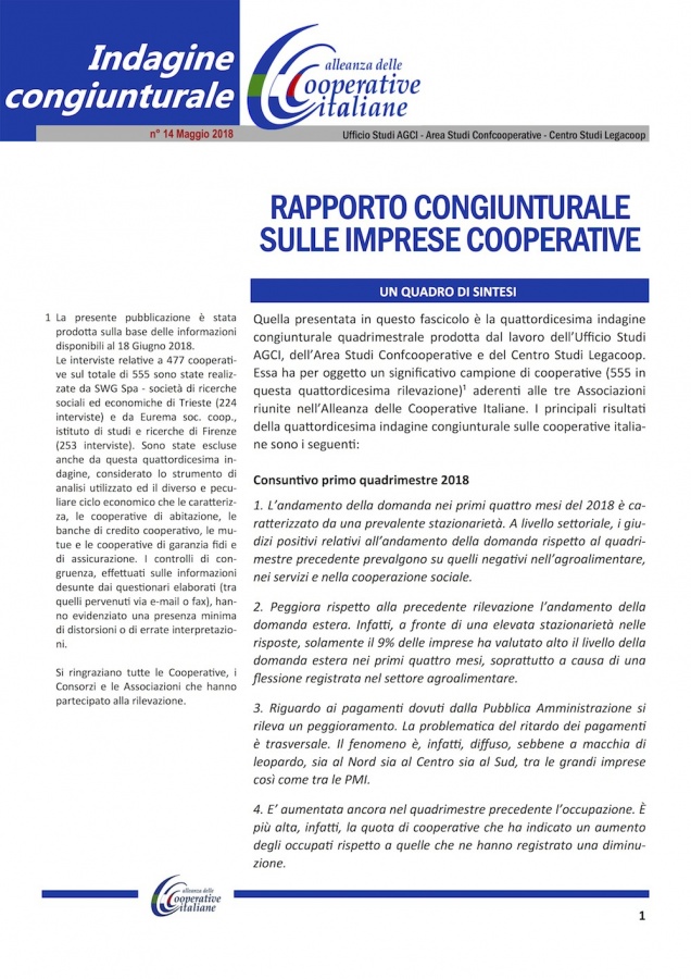 Pubblicata la XIV Indagine Congiunturale Alleanza delle Cooperative Italiane 