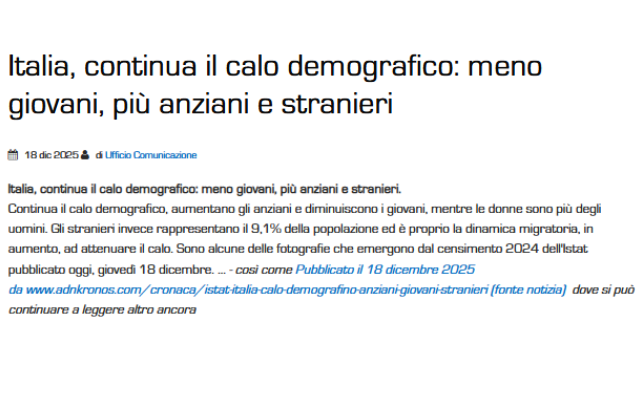 Italia, continua il calo demografico: meno giovani, più anziani e stranieri