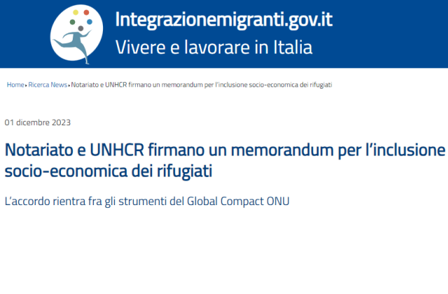 Notariato e UNHCR firmano un memorandum per l’inclusione socio-economica dei rifugiati 